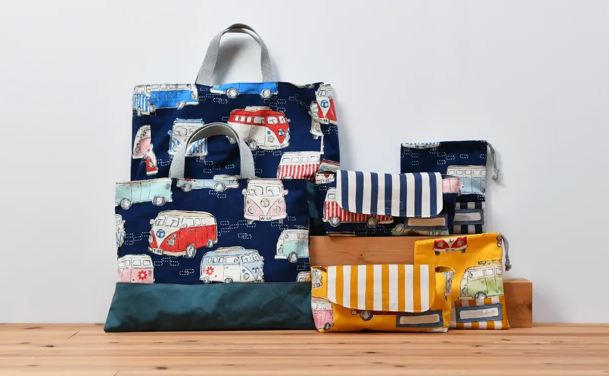 入園グッズセット（別注品の上履き入れ、レッスンバッグ、封筒型弁当袋、他、計6点）