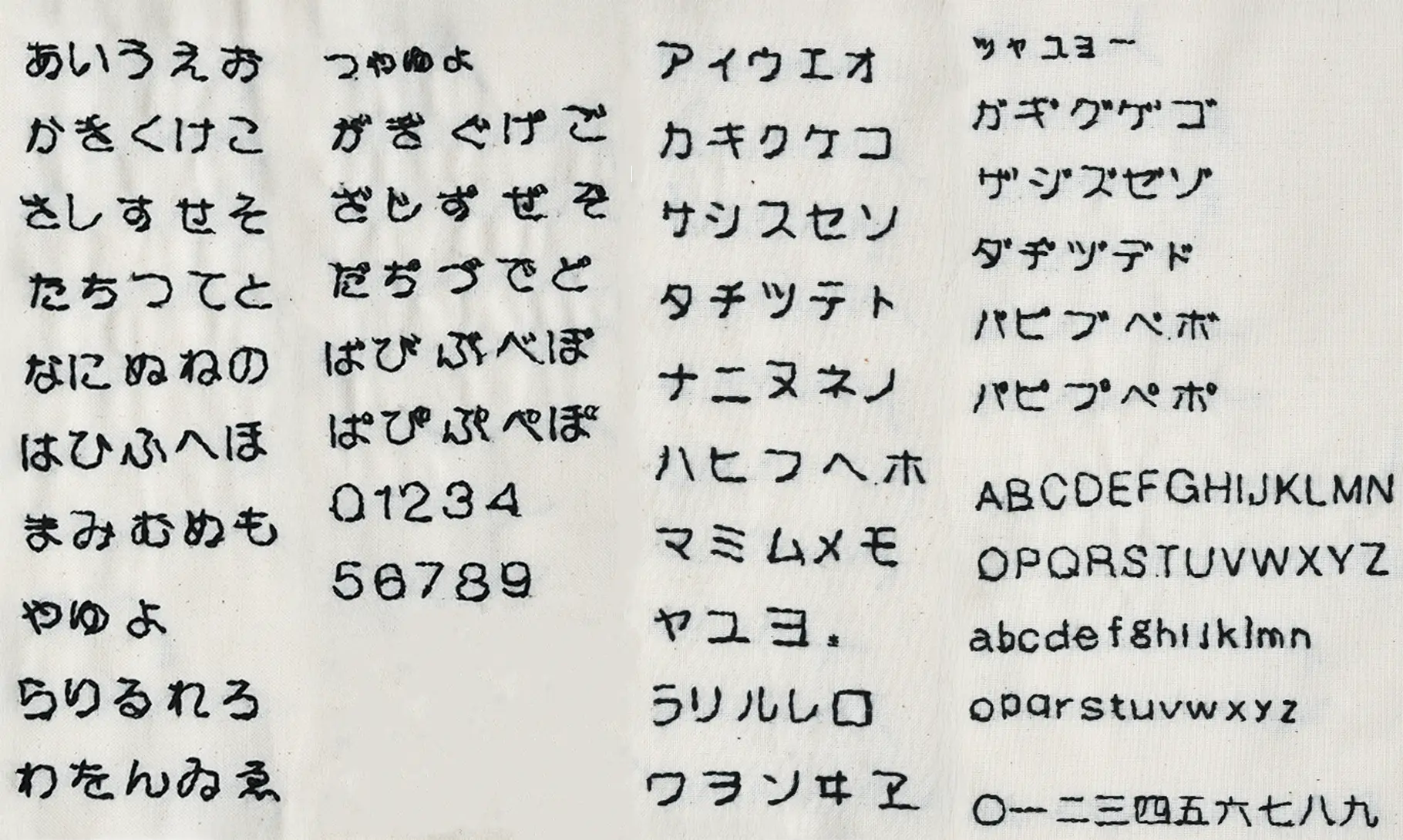 刺繍見本（ひらがな、カタカナ、英数字漢数字）