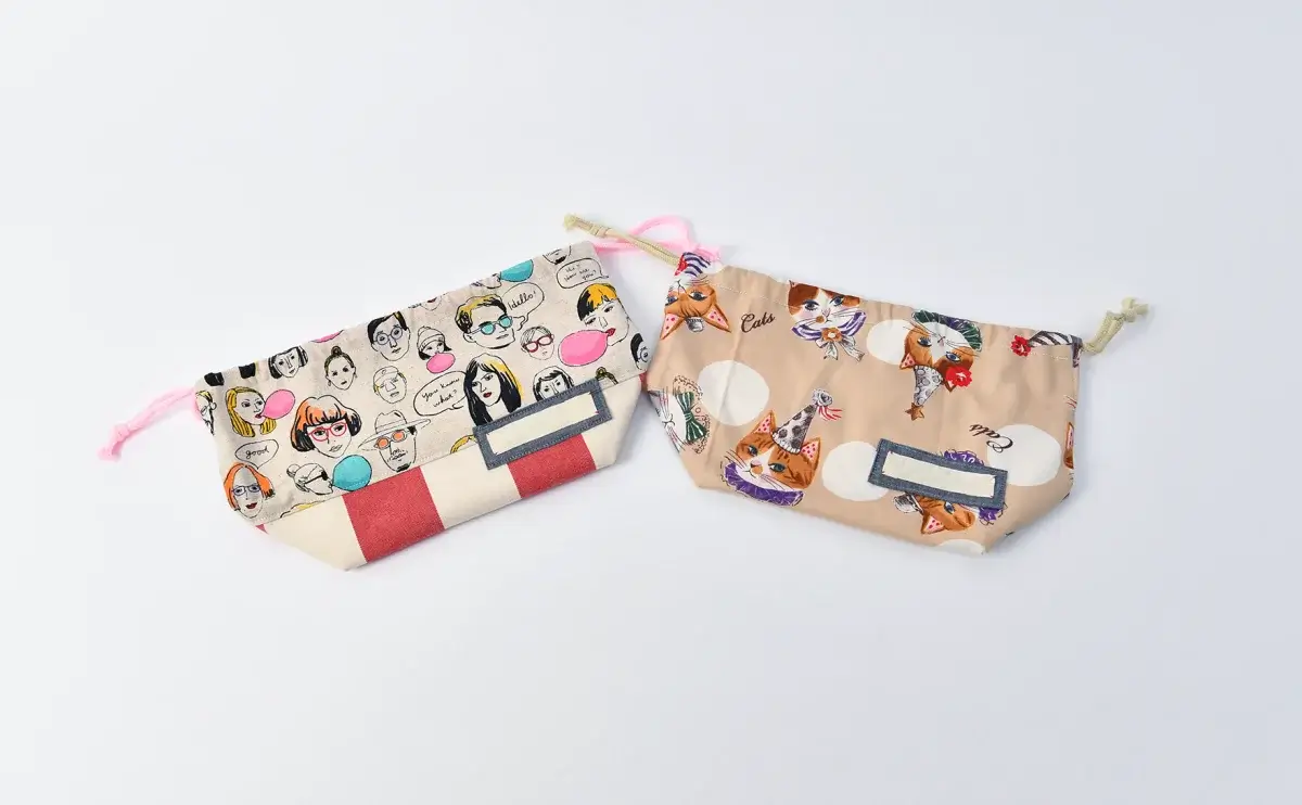 弁当袋（ファニーフェイス、帆布ラージストライプレッド）ひもの色ピンクと（キャットパーティー）ひもの色きなり