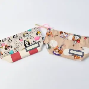 弁当袋（ファニーフェイス、帆布ラージストライプレッド）ひもの色ピンクと（キャットパーティー）ひもの色きなり