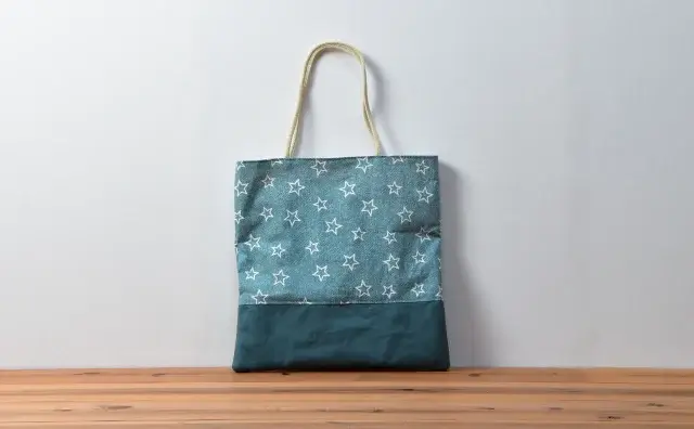 巾着袋カスタム品（星とデニム風の淡い青緑、帆布アクアマリン）