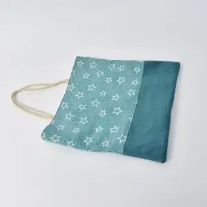 巾着袋カスタム品（星とデニム風の淡い青緑、帆布アクアマリン）全体、持ち手をバッグ形状に変更、ひもの色きなり