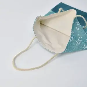 巾着袋カスタム品（星とデニム風の淡い青緑、帆布アクアマリン）裏地きなり