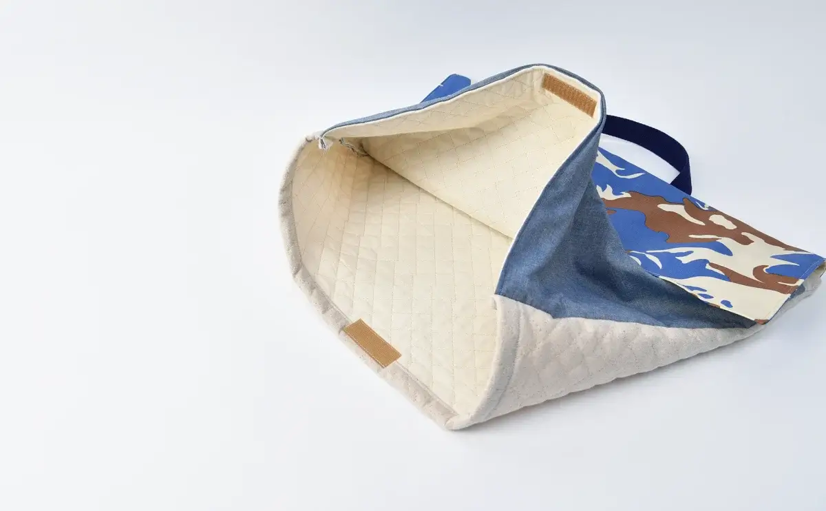 防災頭巾カバー（サファリカモフラ、無地ダンガリー）開口部