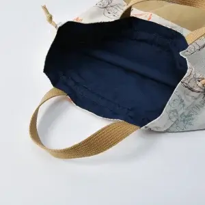 体操服袋（ワイヤーフクロウ、帆布キャメル）裏地ネイビー、持ち手とひもブラウン