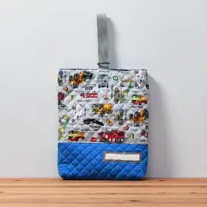 上履き入れ(お持ち込み生地 働く車、無地キルト青、無地青）