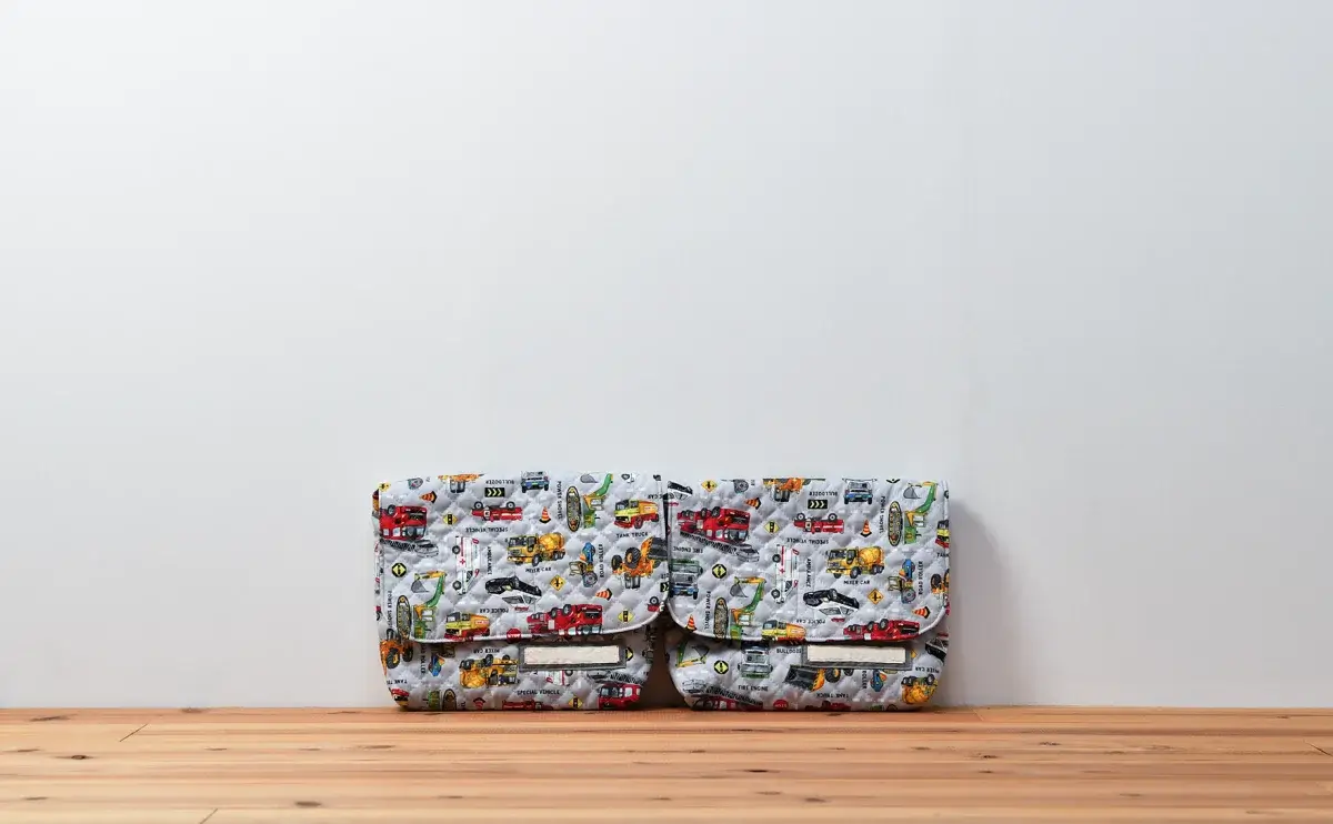 封筒型弁当袋(お持ち込み生地 働く車、無地キルト青、無地青）2点