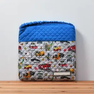 座布団カバー(お持ち込み生地 働く車、無地キルト青、無地青）