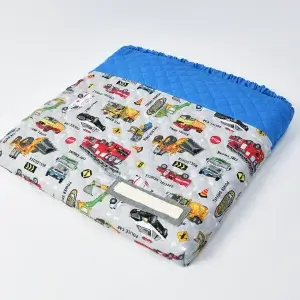 座布団カバー(お持ち込み生地 働く車、無地キルト青、無地青）全体