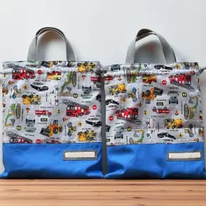 体操服袋(お持ち込み生地 働く車、無地キルト青、無地青）2点