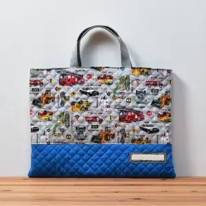 レッスンバッグ(お持ち込み生地 働く車、無地キルト青、無地青）