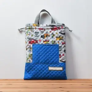 カスタム品体操服袋(お持ち込み生地 働く車、無地キルト青、無地青）