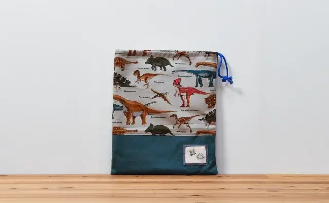 巾着袋（ダイナソーダークベージュ、帆布アクアマリン）