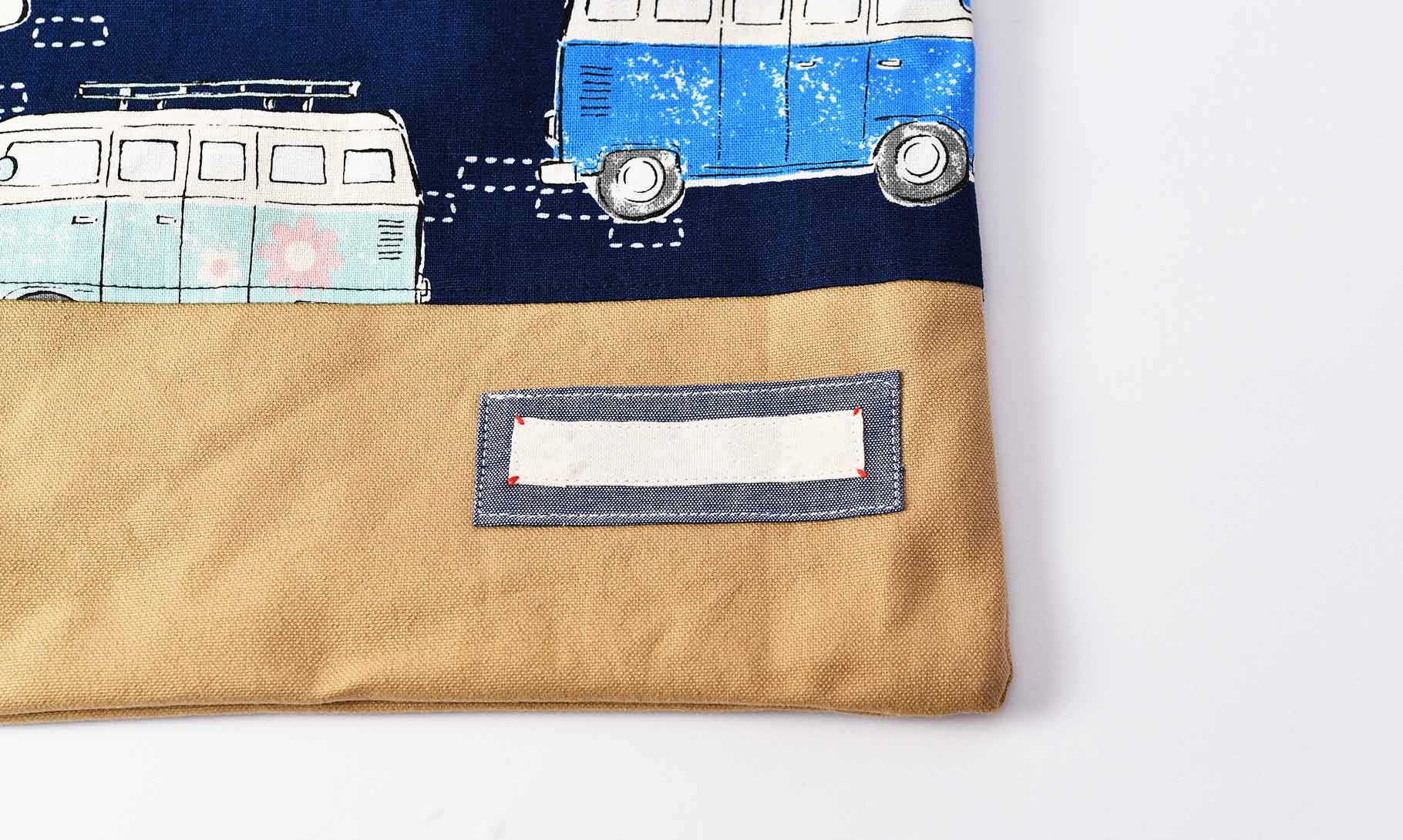 体操服袋(レトロバスネイビー、帆布キャメル)ネームタグ