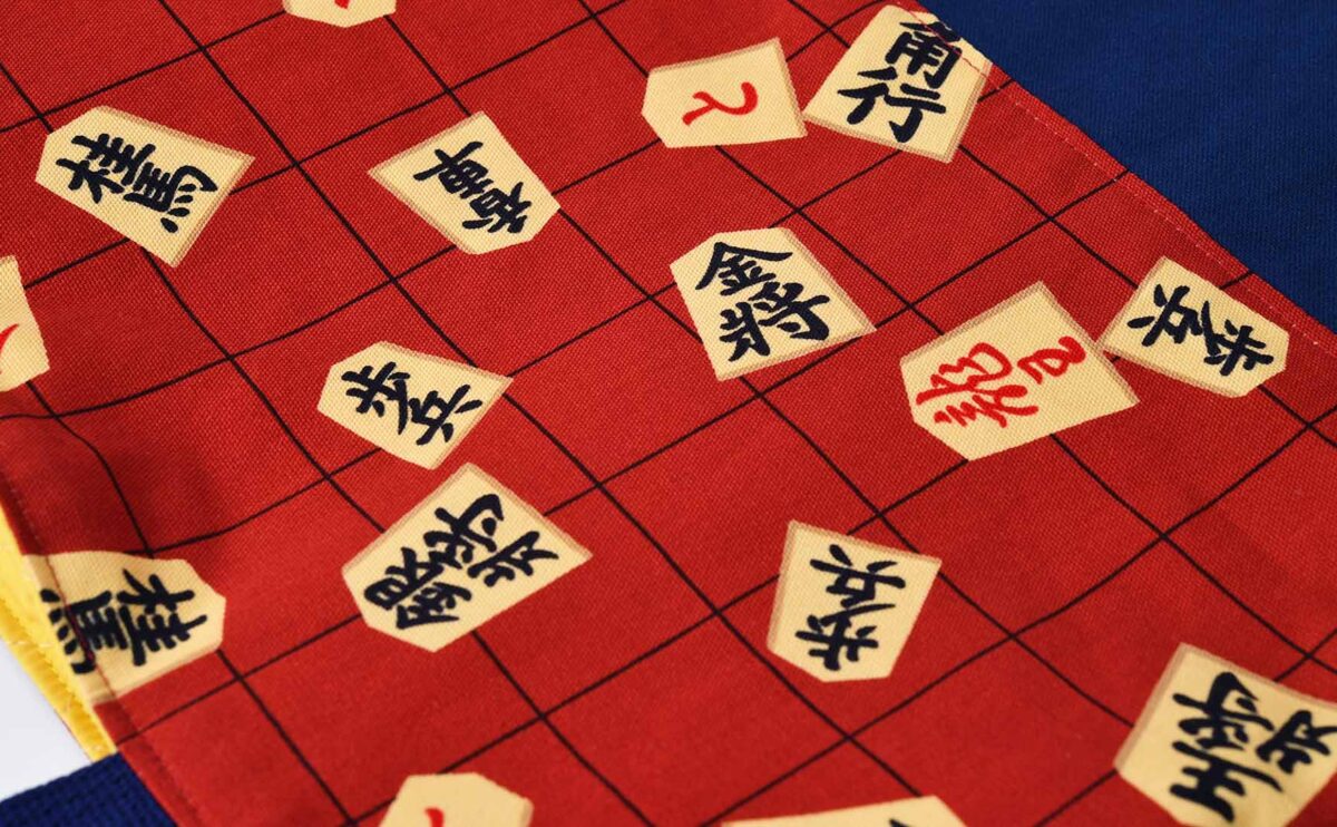 レッスンバッグ（お持ち込み生地将棋の駒柄 赤、帆布ダークブルー）生地アップ