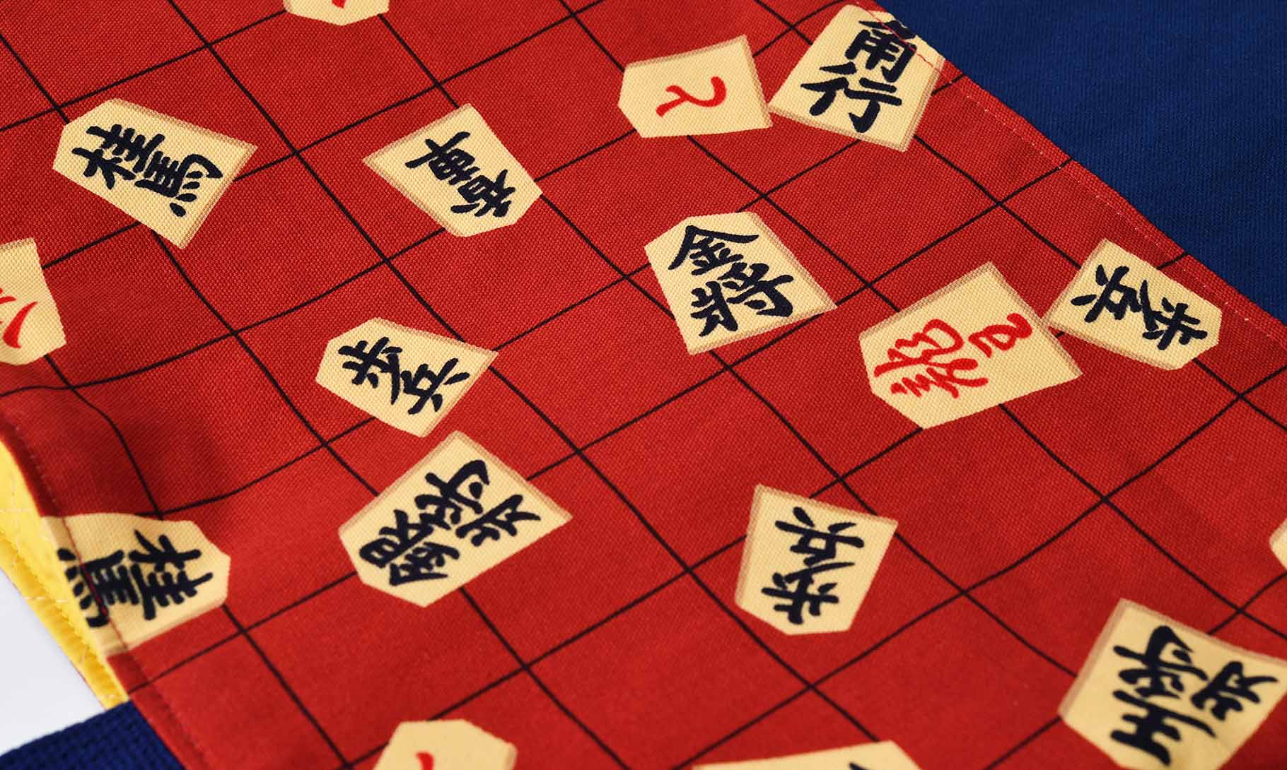 レッスンバッグ(お持ち込み生地将棋の駒柄 赤、帆布ダークブルー)生地アップ
