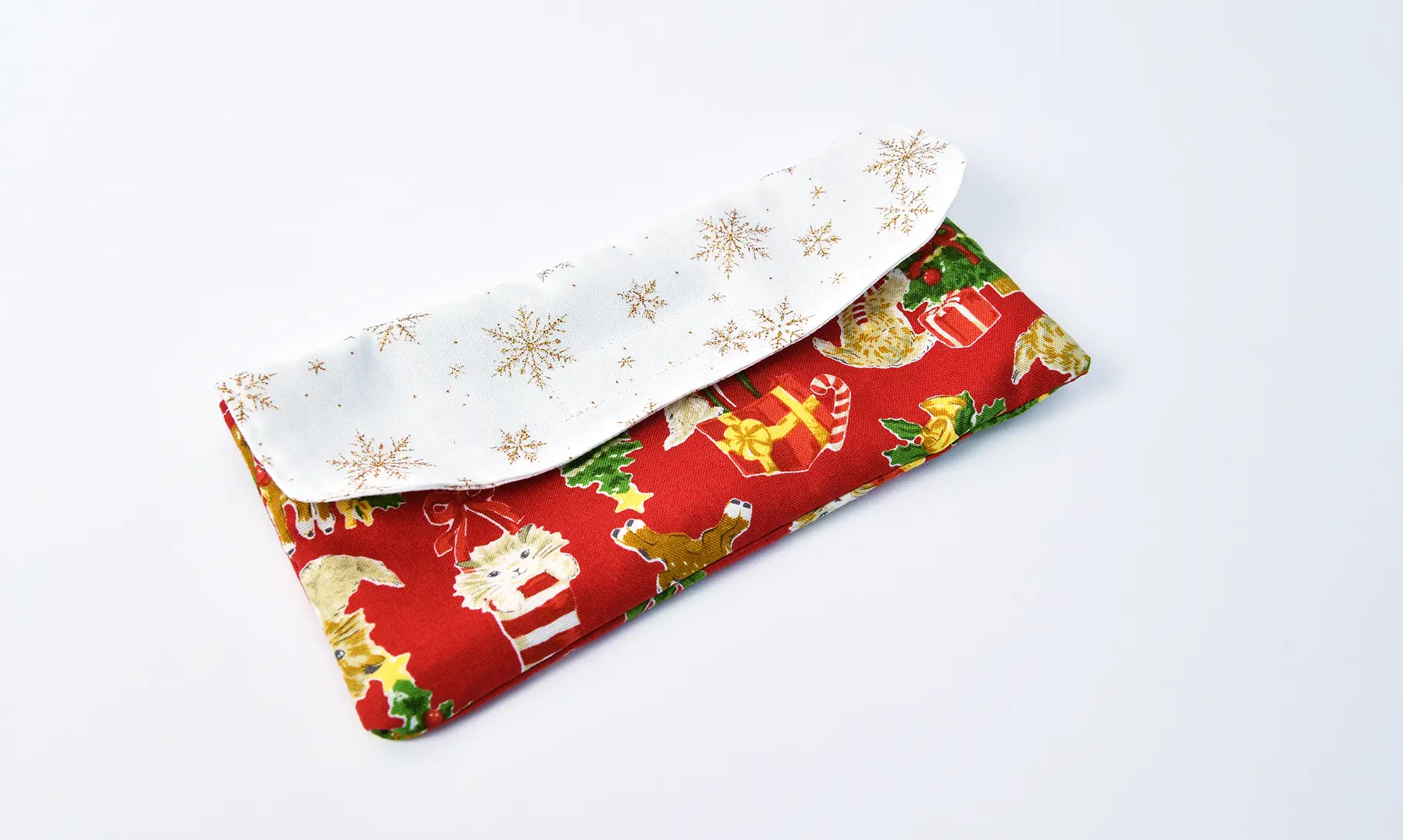 封筒型弁当袋(お持ち込み生地雪の結晶、クリスマス猫)全体