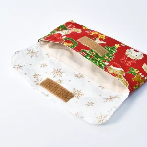 封筒型弁当袋（お持ち込み生地雪の結晶、クリスマス猫）裏地きなり、開口部マジックテープ