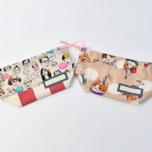 弁当袋（ファニーフェイス、帆布ラージストライプレッド）ひもの色ピンクと（キャットパーティー）ひもの色きなり