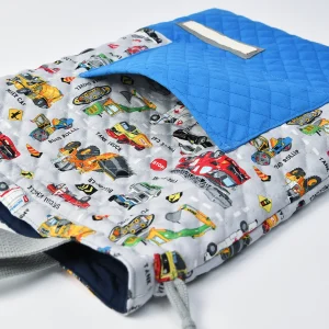 カスタム品体操服袋(お持ち込み生地 働く車、無地キルト青、無地青)外側ポケット